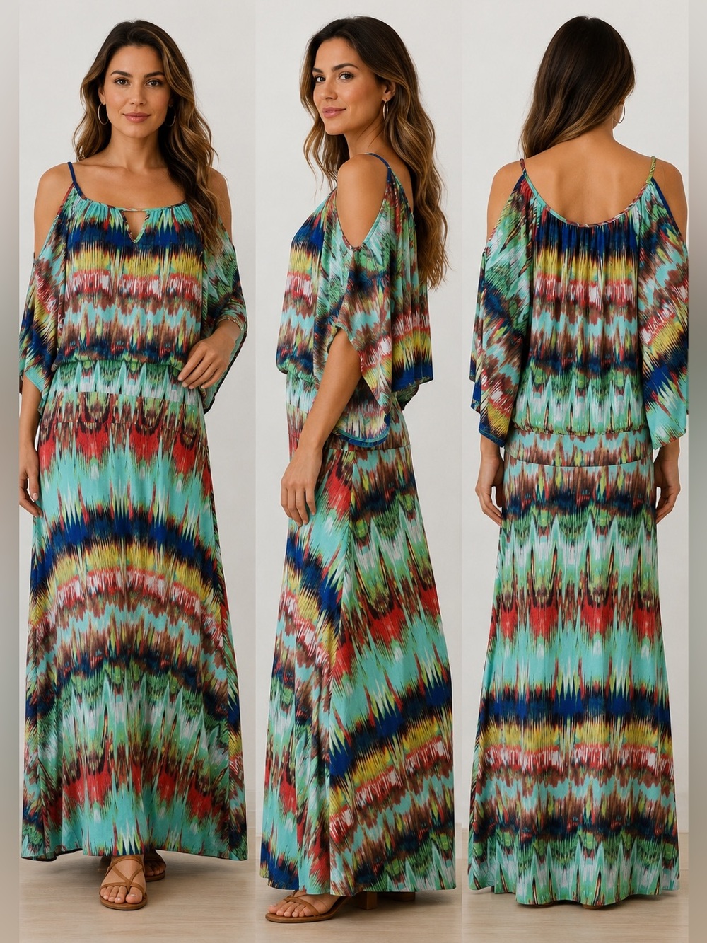 Veronica M Cold Shoulder Drop Waist Maxi Dress Multicolor Print Size Medium